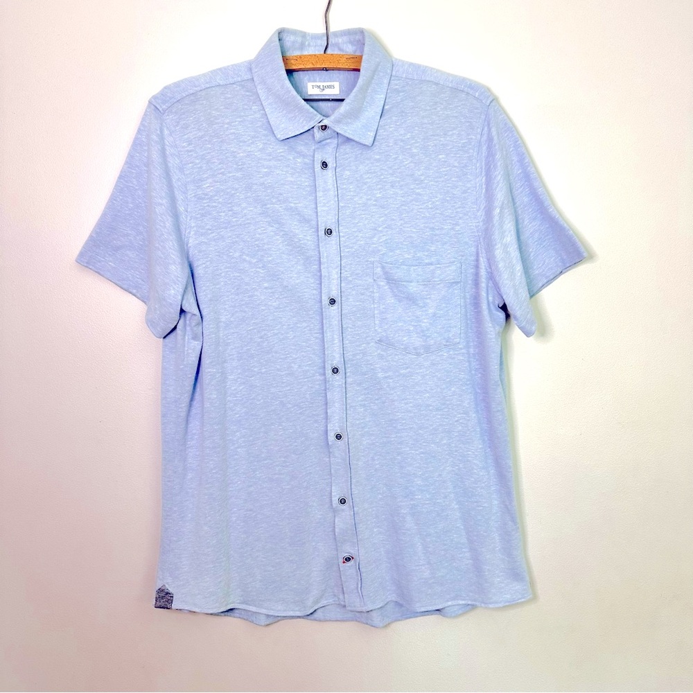 Tom James Mens L cotton linen blue button up short sleeve shirt